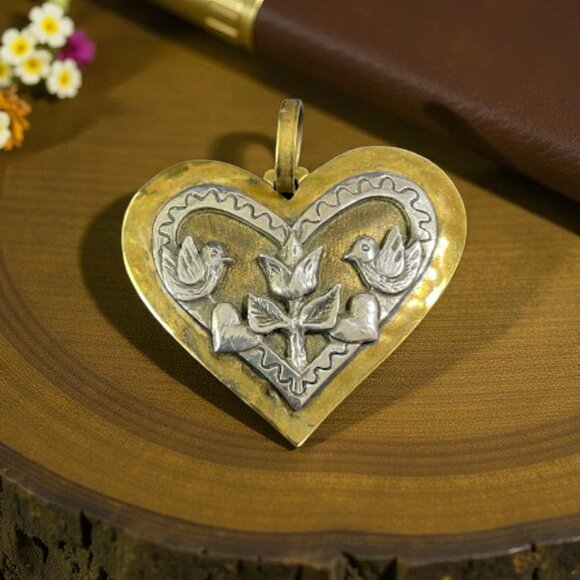 Vintage RARE Retired Jeep Collins Brass & Sterling Handmade Dove Heart Pendant - Picture 3 of 13